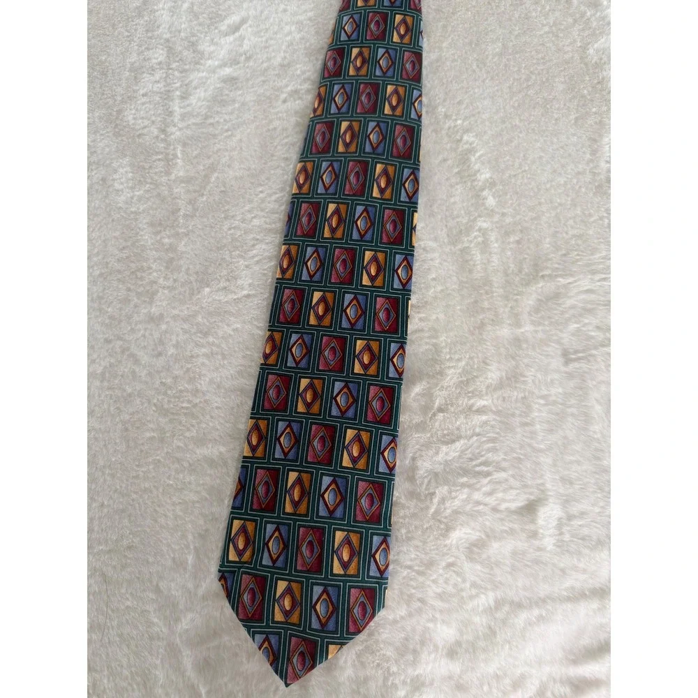 Bardelli Roma Italy Silk Tie‎ Geometric Diamond Teal Gold Burgundy Handmade Men
